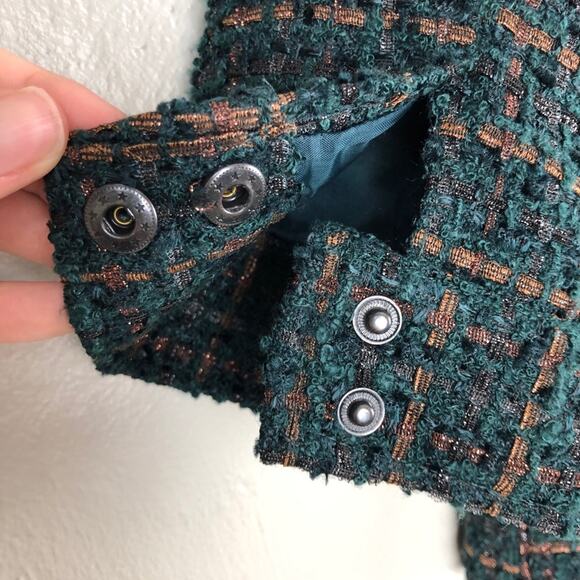 Coldwater Creek Classic Green Blue Metallic Bronze Tweed Zip Moto Jacket Blazer - Picture 12 of 12